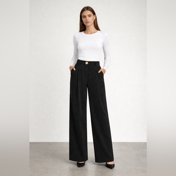 Commense Pants - Commense Chic Black Corduroy Wide-Leg Pleated Pants – High Waist